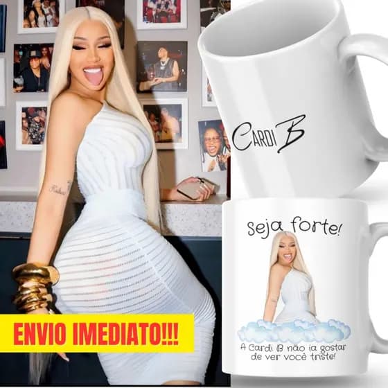 Caneca Xicara Porcelana 325ml Seja Forte Cardi B Fã Fãs Personalizada Presente Decoração Casa