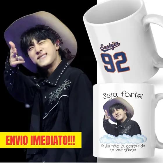 Caneca Xicara Porcelana 325ml Seja Forte Kim Seok Jin BTS KPop Personalizada Presente Decoração Casa