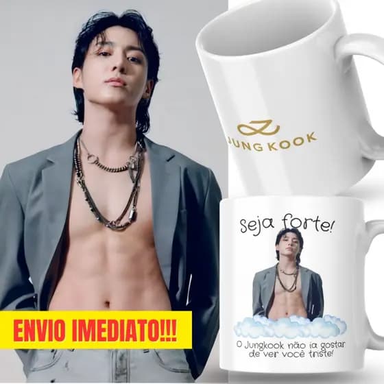 Caneca Xicara Porcelana 325ml Seja Forte Jungkook BTS K-Pop Personalizada Presente Decoração Casa