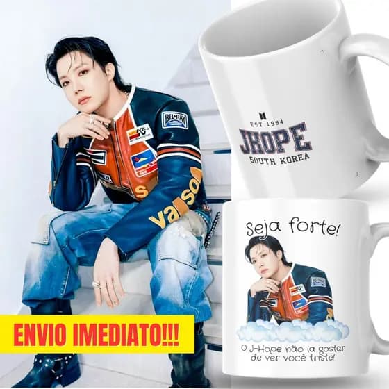 Caneca Xicara Porcelana 325ml Seja Forte Jhope J-Hope BTS KPop Personalizada Presente Decoração Casa