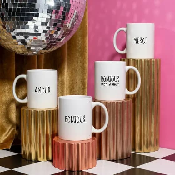 Caneca Xicara Porcelana 325ml Bonjour Mon Amour Merci Fã Personalizada Presente Decoração Casa