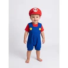 Fantasia Mario Bebê Mesversario Infantil - Super Mario Bros. - Jardineira Com Chapéu