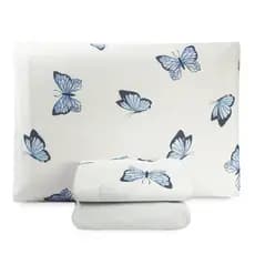 Kit Jogo de Cama Lençol Solteiro Roupa de Cama 03 Peças Quarto Estampado Borboleta Azul Branco