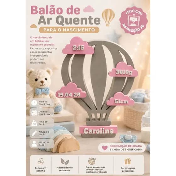 Balão de Ar Quente Personalizado para Nascimento | Decoração Bebê em Impressão 3D | Envio Rápido