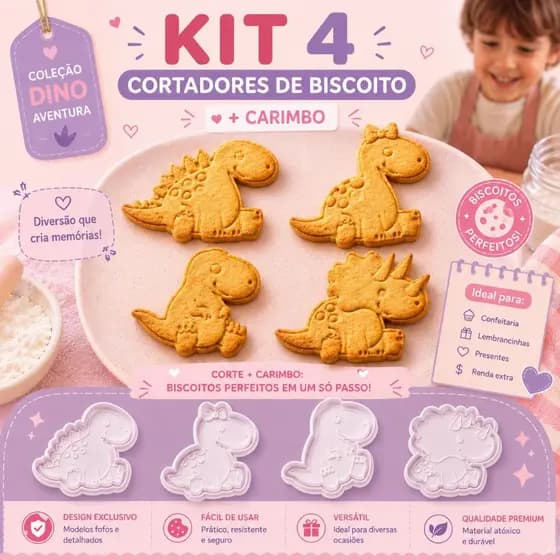 Kit 4 Cortadores Dinossauros Fofinhos | Carimbos para Biscoito e Confeitaria | Envio Rápido