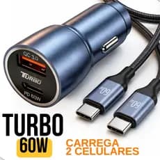 Kit Carregador Celular Veicular Turbo 60W para Carro Cabo USB-C PD + USB QC 4.0 Carregamento Rapido
