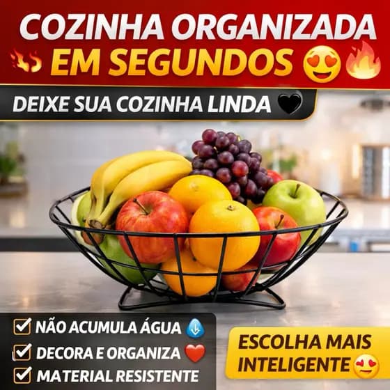 Fruteira de Mesa Aramada Moderna Preta para Bancada Cozinha - Cesto de Frutas Redondo Decorativo Resistente Premium