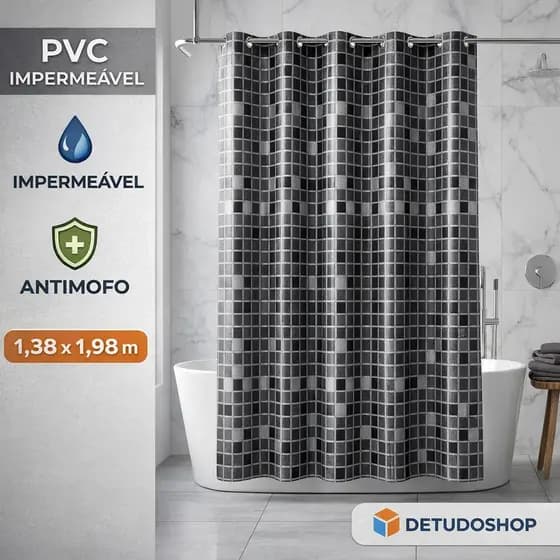Cortina Box 1,38x1,98m Banheiro Com Ilhós Pastilha Preta Antimofo Impermeável PVC