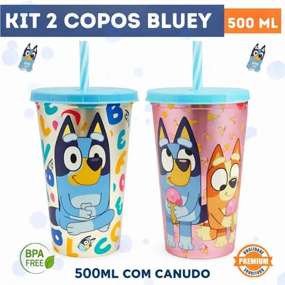 Kit 2 Copos Bluey 500ml Lembrancinha Festa Infantil Sacola Surpresa Aniversário Colecionável