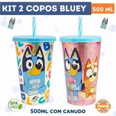 Kit 2 Copos Bluey 500ml Lembrancinha Festa Infantil Sacola Surpresa Aniversário Colecionável