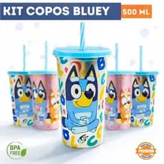 Kit Copos Bluey e Bingo 500ml Lembrancinha Festa Infantil Sacola Surpresa Aniversário Colecionável