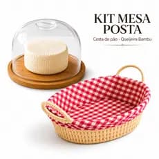 Kit Café da Manhã Mesa Posta Cesta de Pão + Queijeira Porta Queijo Bambu 19cm
