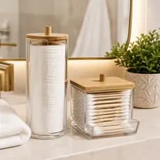 Organizador Algodão E Cotonetes Acrílico Tampa Bambu
