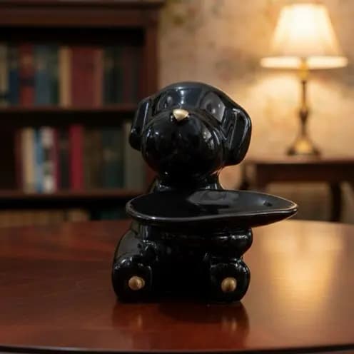 Porta objetos Preto Cachorro Chaves e Joias Estilo com Bandeja de Cerâmica Decorativo Sala e mesa
