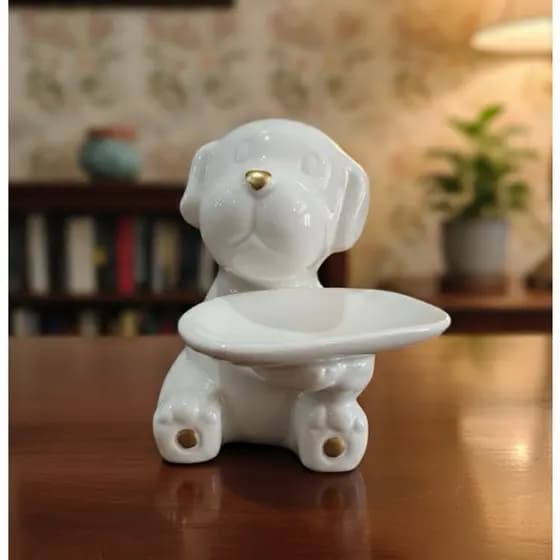Porta objetos Branco Cachorro Chaves e Joias Estilo com Bandeja de Cerâmica Decorativo Sala e mesa