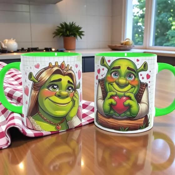 canecas sherek e fiona meu ogro e minha ogra favorito (a) em porcelana verde 325ml 2 unidades