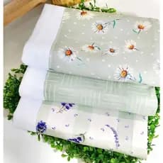 Kit 3 Panos de Prato Minimalista Verde Sage | Margaridas, Lavanda e Listras | 100% Algodão