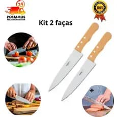 kit 2 Facas de Cozinha Aço 5´´ Inox Cabo de Madeira Carne Salada Legumes Churrasco