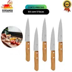 kit 5 Faca de Legumes Inox Frutas Cabo Madeira 17cm Afiado