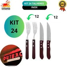 Jogos 24 Peças Talheres Para Churrasco Jumbo Wooden Faca Outback Garfo cabo De Madeira  Aço Inox