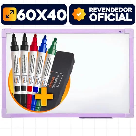 Lousa Quadro Branco 60x40cm Soft Lilas + 5 Canetas e Apagador
