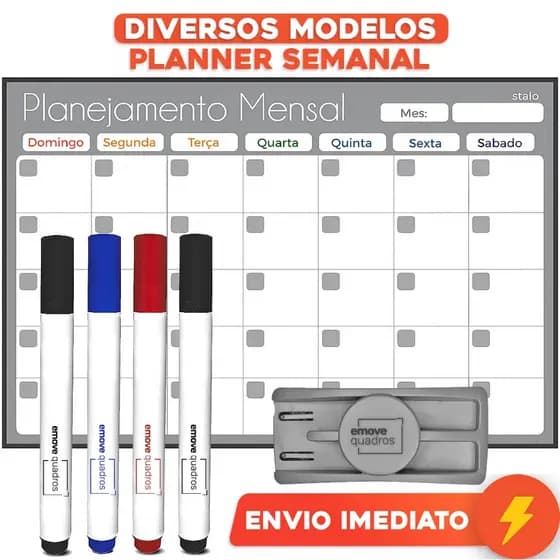 Lousa Quadro Planejador Mensal Planner Agenda Organizador Semana Mês Ano Mdf Fit Cinza Preto Com 4 Marcadores + Apagador