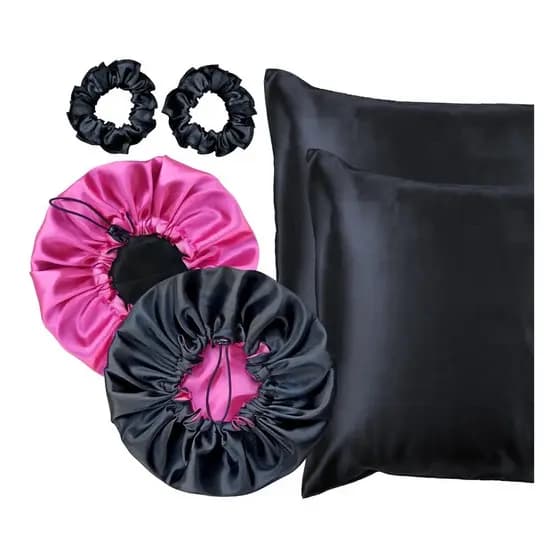 K I T  1 Touca de Cetim Anti Frizz Dupla Face Ajustável + 2 Fronha de Cetim + 2 xuxinhas de cetim