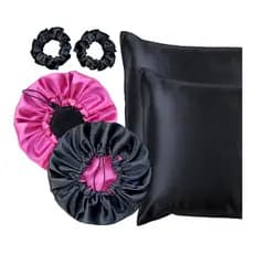 K I T  1 Touca de Cetim Anti Frizz Dupla Face Ajustável + 2 Fronha de Cetim + 2 xuxinhas de cetim