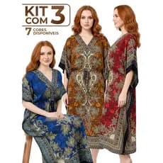 Kit 3 Kaftans longa Indianas Femininas – Saída de Praia Leve e Fresca, Tecido Poliéster Amplo, Verão 2025