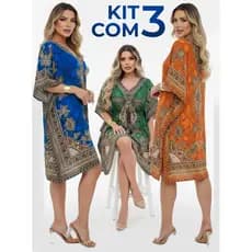 Kit 3 Kaftans Curtas Indianas Femininas – Saída de Praia Leve e Fresca, Tecido Poliéster Amplo, Verão 2025