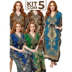 Kit 5  Kaftans longa Indianas Femininas – Saída de Praia Leve e Fresca, Tecido Poliéster Amplo, Verão 2025
