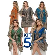 Kit 5 Kaftans Curtas Indianas Femininas – Saída de Praia Leve e Fresca, Tecido Poliéster Amplo, Verão 2025