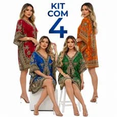Kit 4 Kaftans Curtas Indianas Femininas – Saída de Praia Leve e Fresca, Tecido Poliéster Amplo, Verão 2025