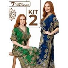 Kit 2 Kaftans Longa  Indianas Femininas – Saída de Praia Leve e Fresca, Tecido Poliéster Amplo, Verão 2025