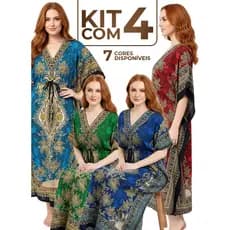 Kit 4 Kaftans longa Indianas Femininas – Saída de Praia Leve e Fresca, Tecido Poliéster Amplo, Verão 2025