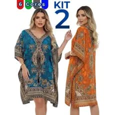 Kit 2 Kaftans Curtas Indianas Femininas – Saída de Praia Leve e Fresca, Tecido Poliéster Amplo, Verão 2025