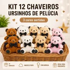 Kit 12 Mini Chaveiros Ursinho de Pelúcia Para Presente Cestas Chá Reelação Lembrancinhas de Festas Chá de Bebe