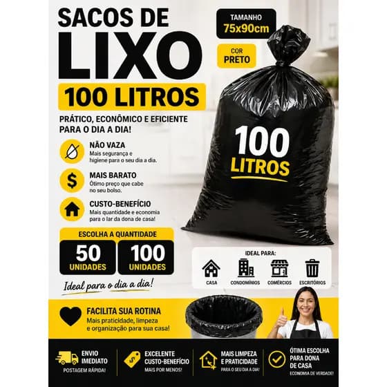 Saco de lixo 100 Litros com 100/50 unidades preto frete grátis Direto da fábrica