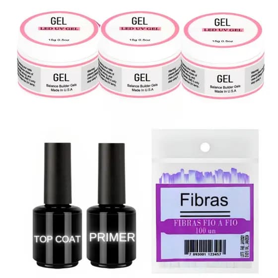 Kit 3 Géis + Primer + Top Coat + Fibra Para Unhas Em Gel Nº 55