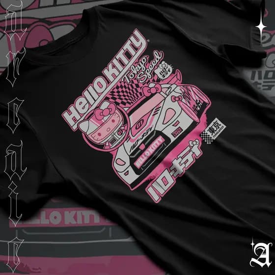 Camiseta Basica Algodao Hello Kitty Tokyo Speed Car Style Cute Color Pink Tee Unissex 01