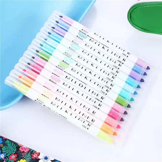12 Pçs Caneta Marca Fluorescente Com Ponta Dupla / Material Escolar / Papelaria