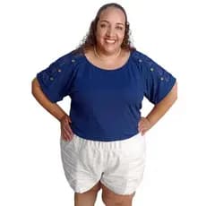 Blusa com Manga Japonesa Feminina Plus Size G4 ao G10 (52 ao 64)  Detalhe de Renda e Ilhós na Manga