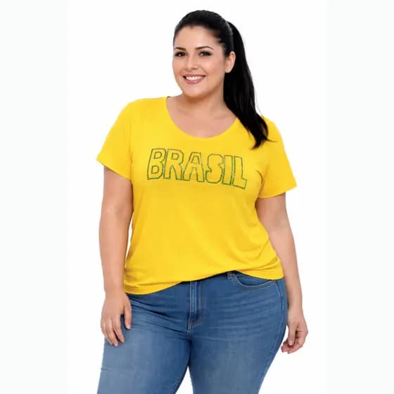 Blusa Feminina Plus Size Tamanho 40 ao 64 (M ao G10) Camisa de Futebol com Pedraria Copa do Brasil