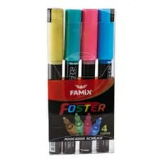 Kit Canetas Neon Foster 4 Cores Permanente Tipo Posca Famix