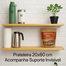 Prateleira 20 x 60 cm de Madeira  om Suporte Invisível para sala cozinha quarto decorativa