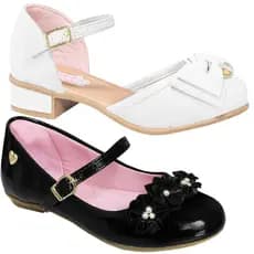 Kit 2 Pares Sandália e Sapatilha Infantil Feminina Verniz Laço Flor Delicada Casamento Confortável