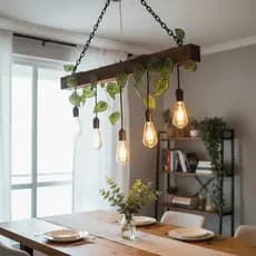 Lustre Luminária de Madeira Rústico com Corrente e Folhagem – Bivolt 5 Lâmpadas - área gourmet e de lazer