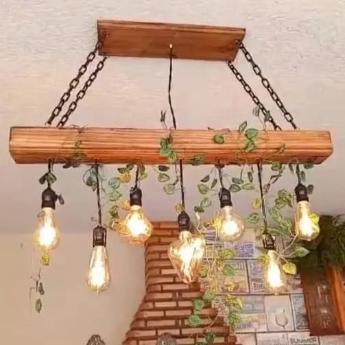 Lustre Luminária Pendente Rústico Madeira com 7 pendentes pretos bivolt, correntes e folhagem