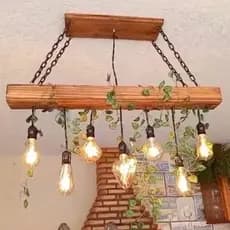 Lustre Luminária Pendente Rústico Madeira com 7 pendentes pretos bivolt, correntes e folhagem