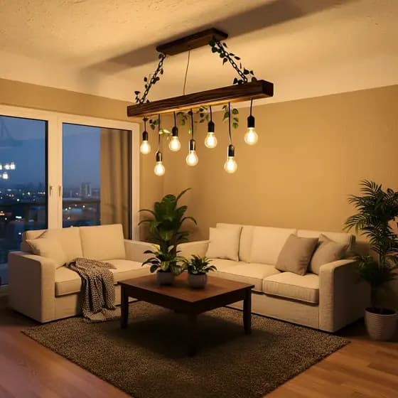 Lustre Luminária bivolt em madeira rústica, 7 pendentes, correntes e folhagem - área gourmet e de lazer